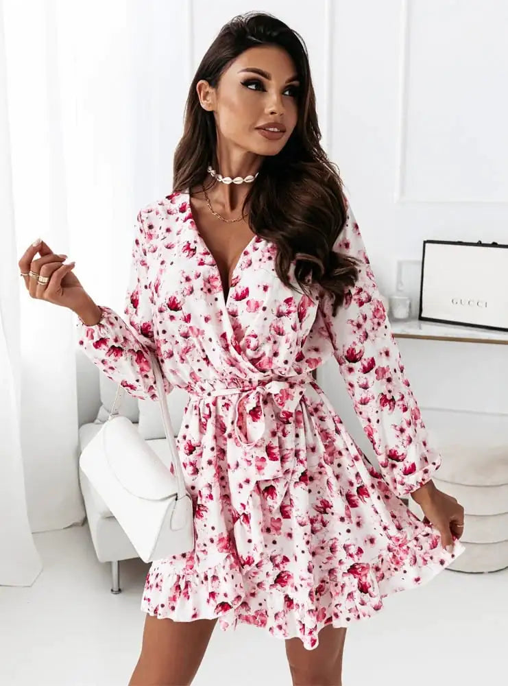 Irregular Ruffle Print Long-Sleeve Dress