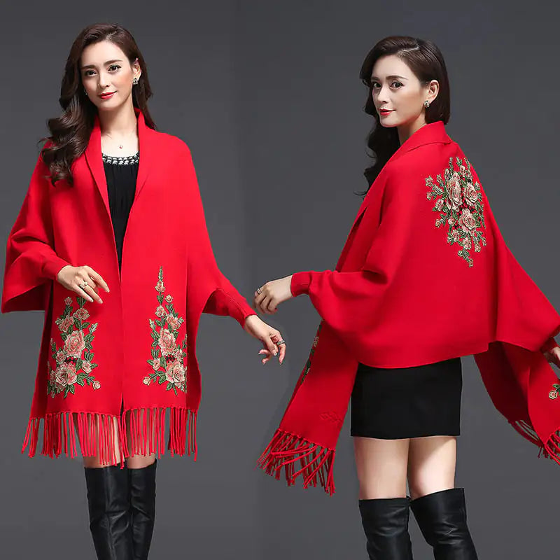 Embroidered Women's Shawl Cape Thick Sweater Coat