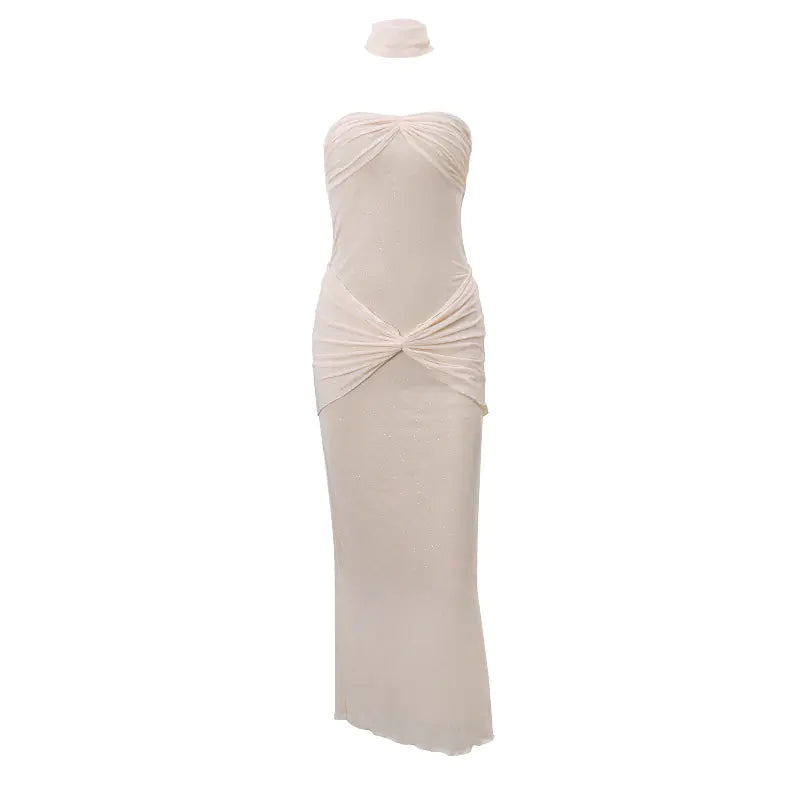 Shiny Ruched Strapless Long Dress for Women