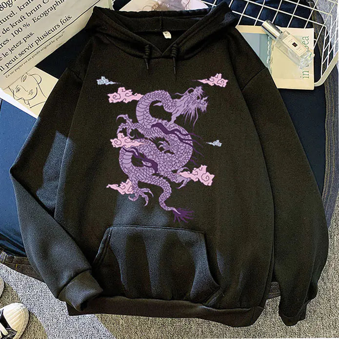 Candy Color Hooded Sweatshirt with Dragon Cloud Print