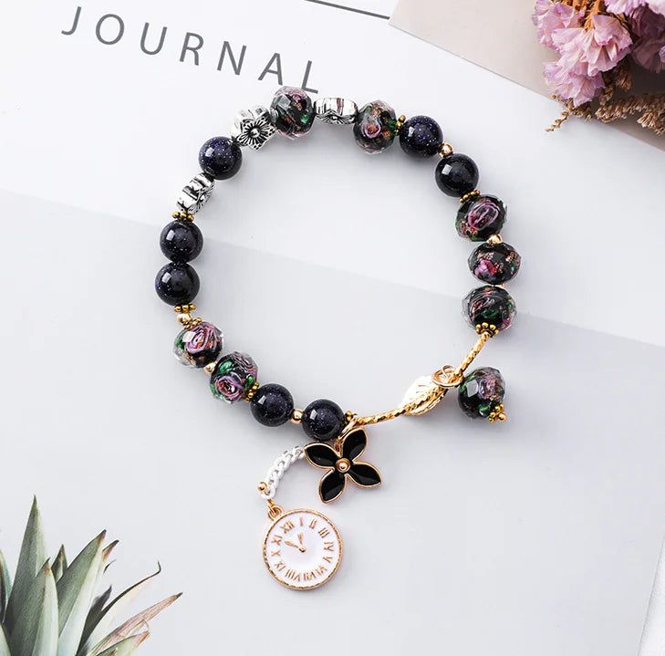 Vintage Floral Crystal Bracelet with Leaf Design