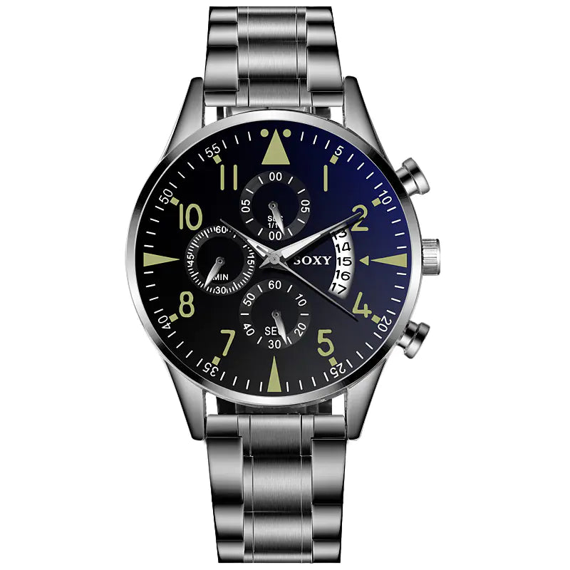 Men's Steel Band Watch with Luminous Dial and Calendar
