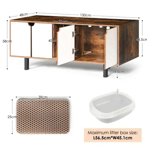 Double Cat Litter Box Enclosure - White Vintage TV Stand Cabinet