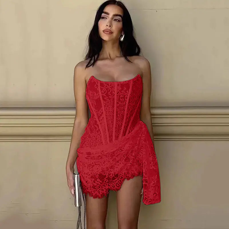 Strapless Lace Dress for Women with Back Lace-up Design