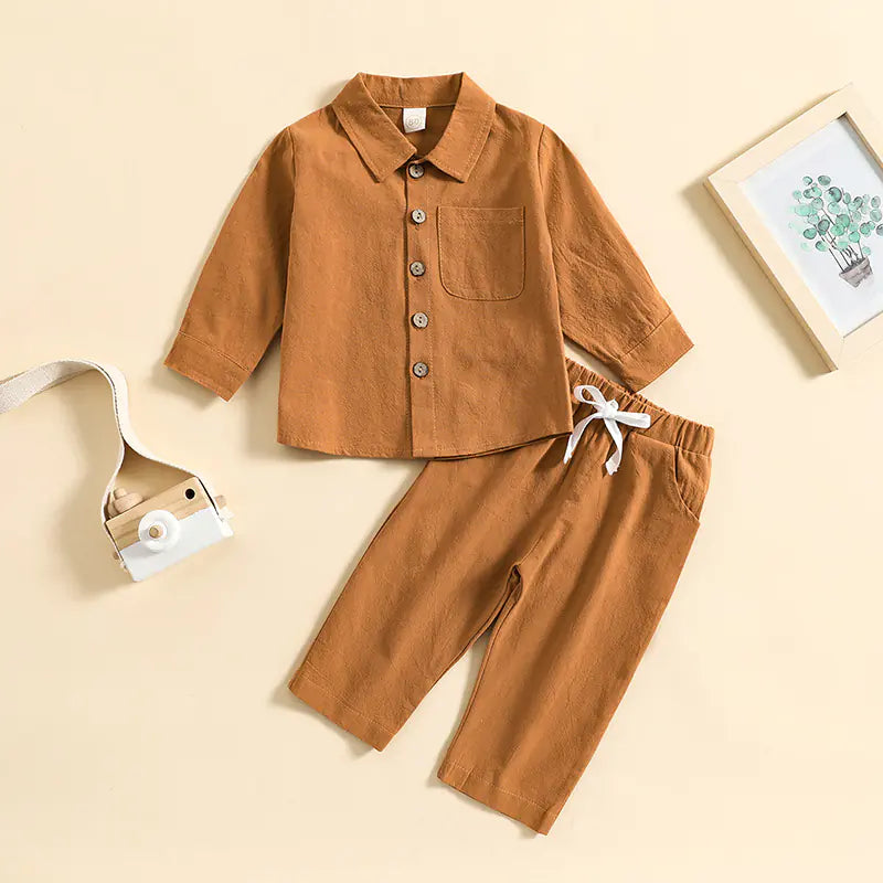 Boys' Cotton Linen Standing Collar Casual Outfit Set