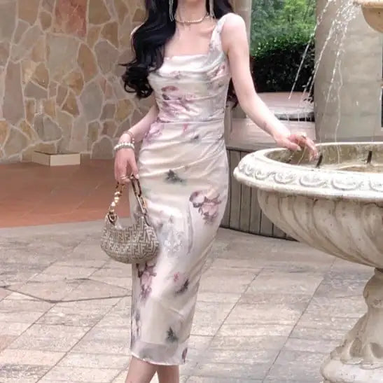 Dark Floral Lace-up Fishbone Dress