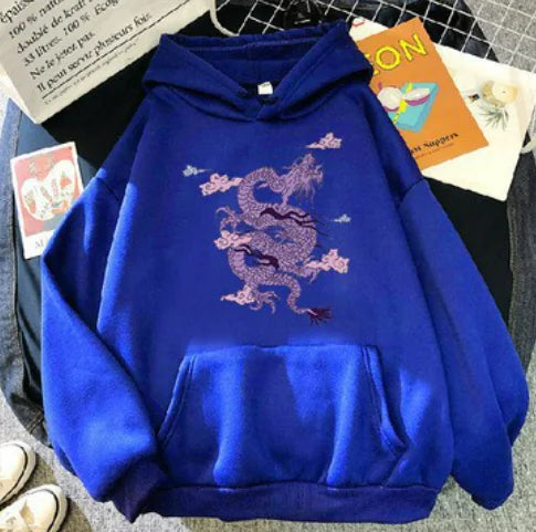 Candy Color Hooded Sweatshirt with Dragon Cloud Print