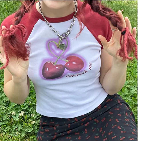 Street Cherry Print Slim-fit T-shirt with Rotator Sleeve