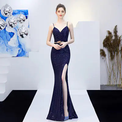 Elegant Long Deep V Mermaid Evening Dress with Sequins