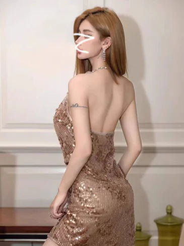 V-Neck Off-Shoulder Sparkling Bodycon Dress