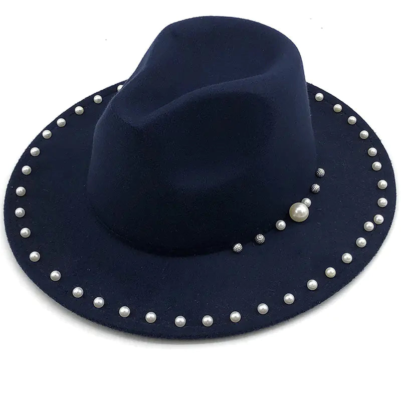 Pearl Wool Wide Brim Jazz Hat for Women