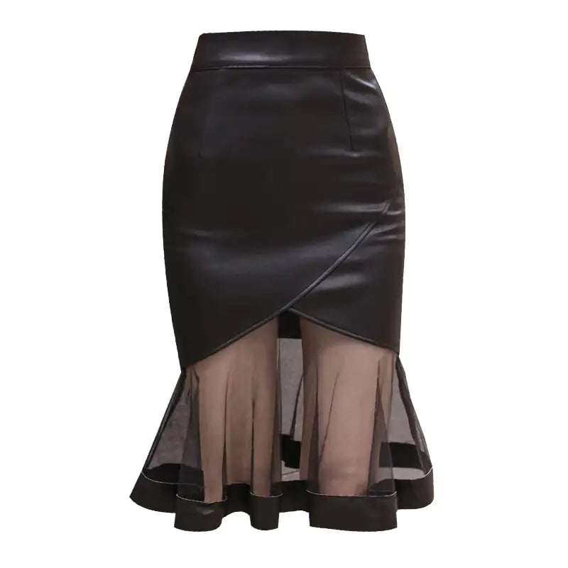 Long Mesh Splicing PU Leather Skirt for Women