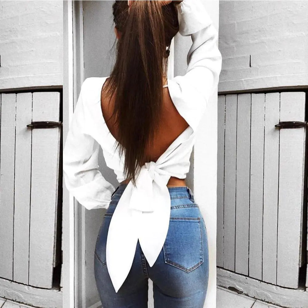 Long Sleeve Sexy Crop Top with V-Neck for Women
