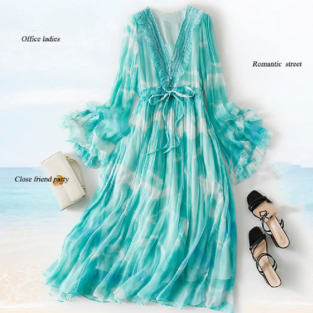 Luxury Mulberry Silk V-neck Beaded Long Dress for Women