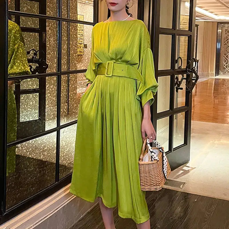 Solid Color Long Sleeve Belted Waist Dress