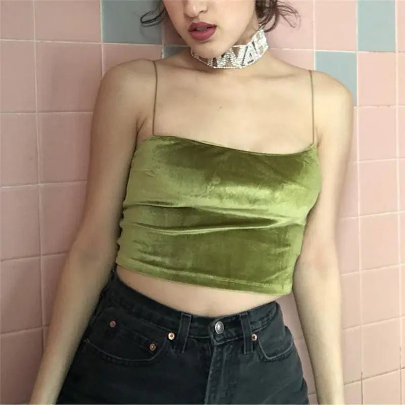 Velvet Short Strapless Green Tank Top for Women