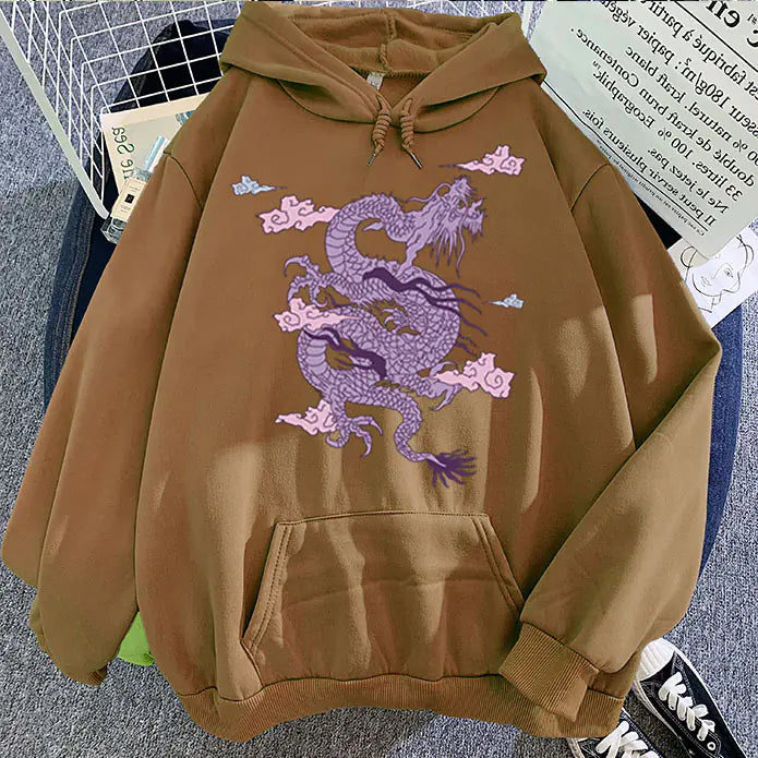Candy Color Hooded Sweatshirt with Dragon Cloud Print