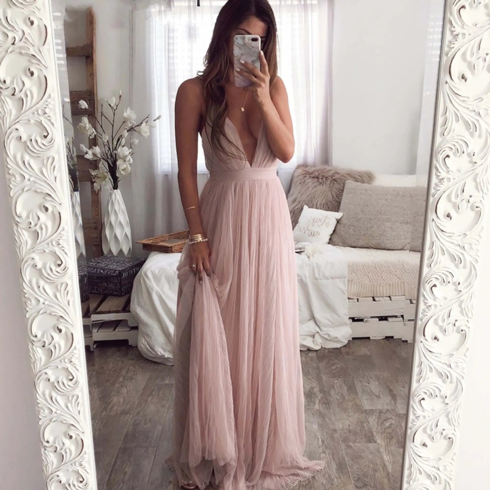 Deep V Neck Spaghetti Strap Dress