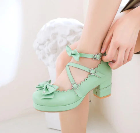 Cute Bowknot Cross Strap Chunky Heels for Students