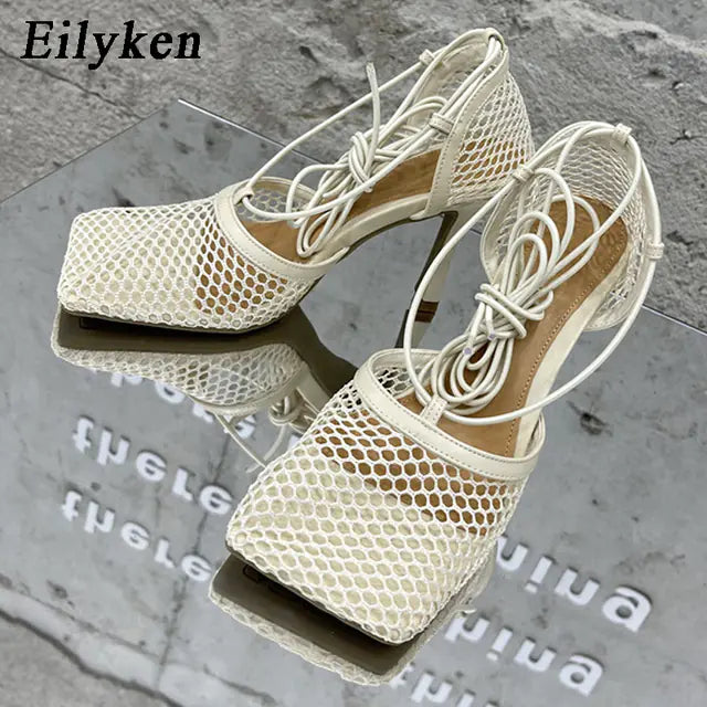 Square Toe High Heel Lace-Up Mesh Pumps Sandals