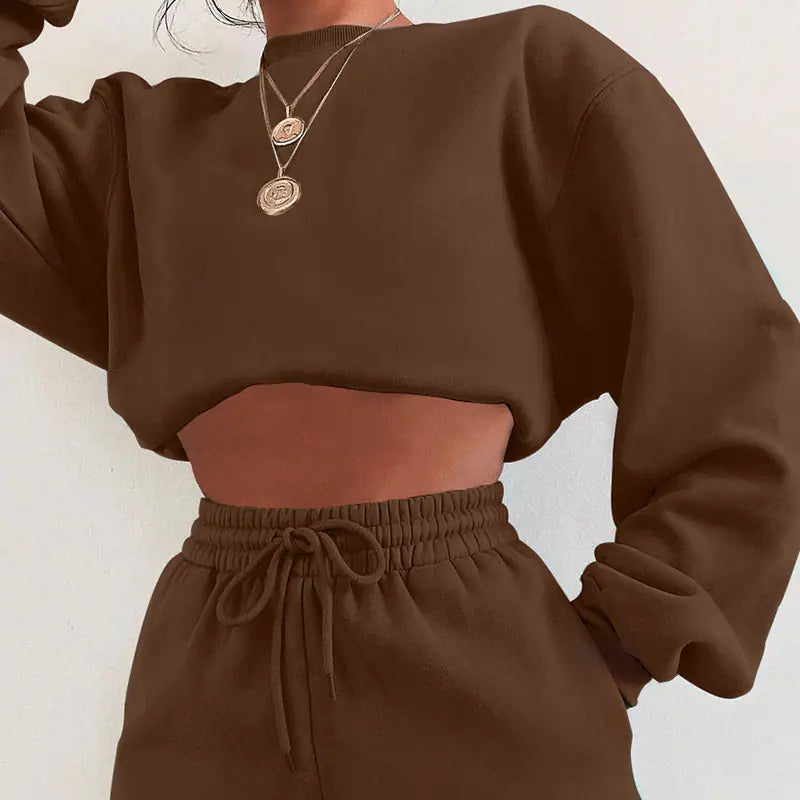 Round Neck Pullover Sweatshirt and Shorts Set
