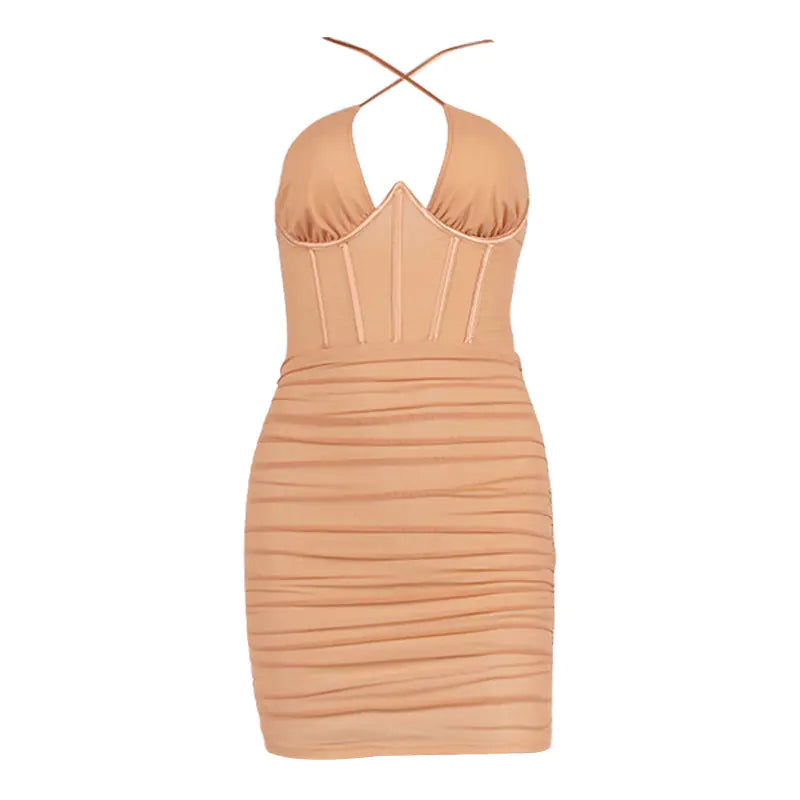 Cross Back Ruched Mini Dress for Women (Fall Collection)