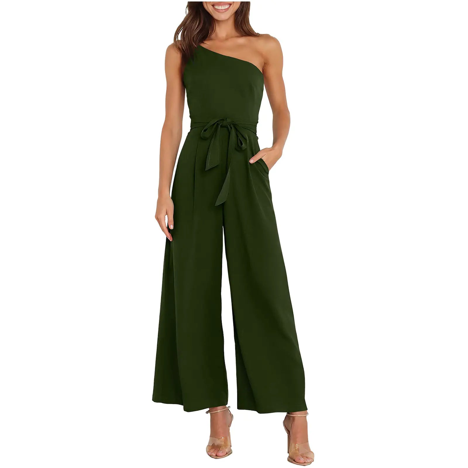 Women's Solid Color Slant Shoulder Jumpsuit for Commuting