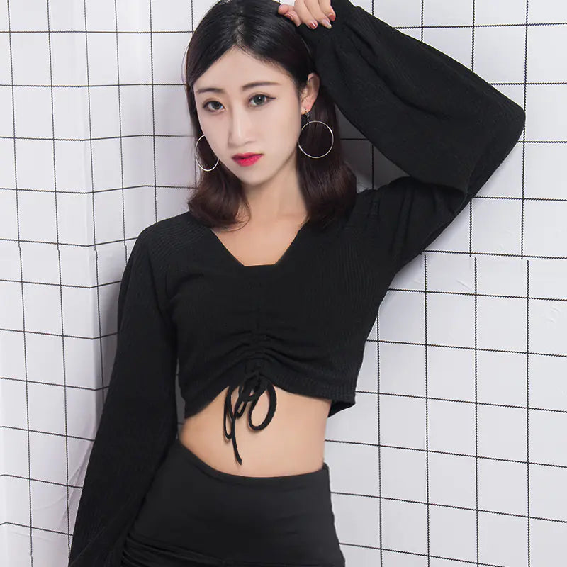 V-Neck Lantern Sleeve Crop Top for Women