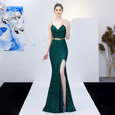 Elegant Long Deep V Mermaid Evening Dress with Sequins