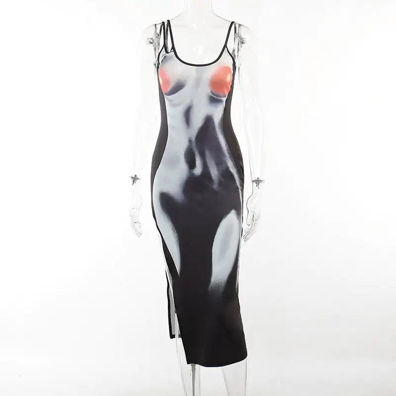 Deep V High Slit Casual Fashion Body Printed Sling Dress