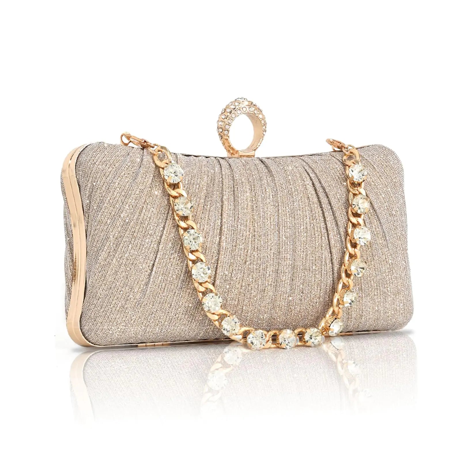AIBAOWU Women Evening Bag Gold Glitter Pleated Clutch Purses for Women Gold Clutch with Rhinestone Ring for Wedding Party Prom