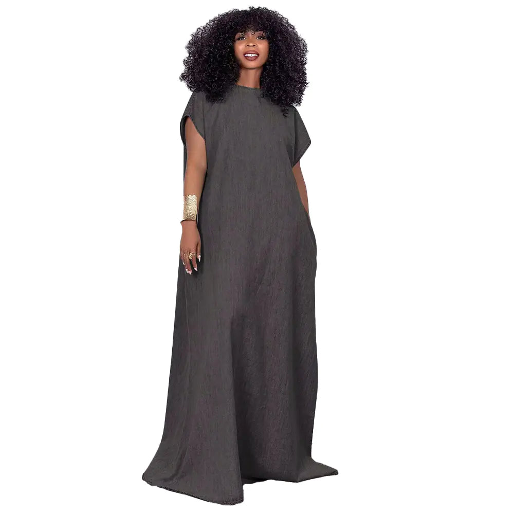 Retro Women's Backless Denim Dress with Deep V-neck