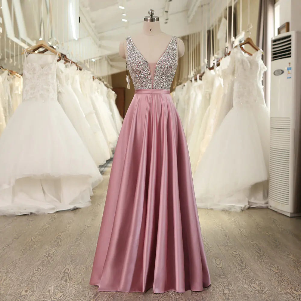 Handmade Deep V-Neck Evening Dress for Parties