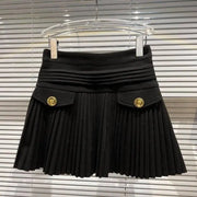 High-Waisted Slim Rhinestone Buckle Pleated Skirt
