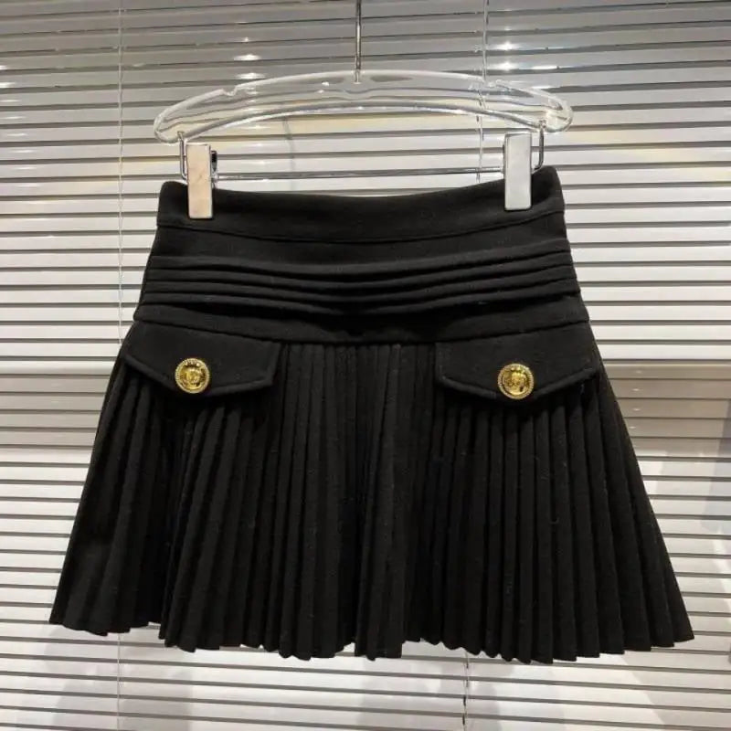 High-Waisted Slim Rhinestone Buckle Pleated Skirt