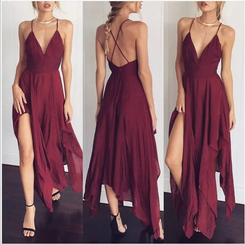 Women's Sexy V-neck Backless Halter Split Dress