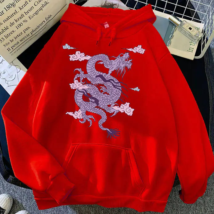 Candy Color Hooded Sweatshirt with Dragon Cloud Print
