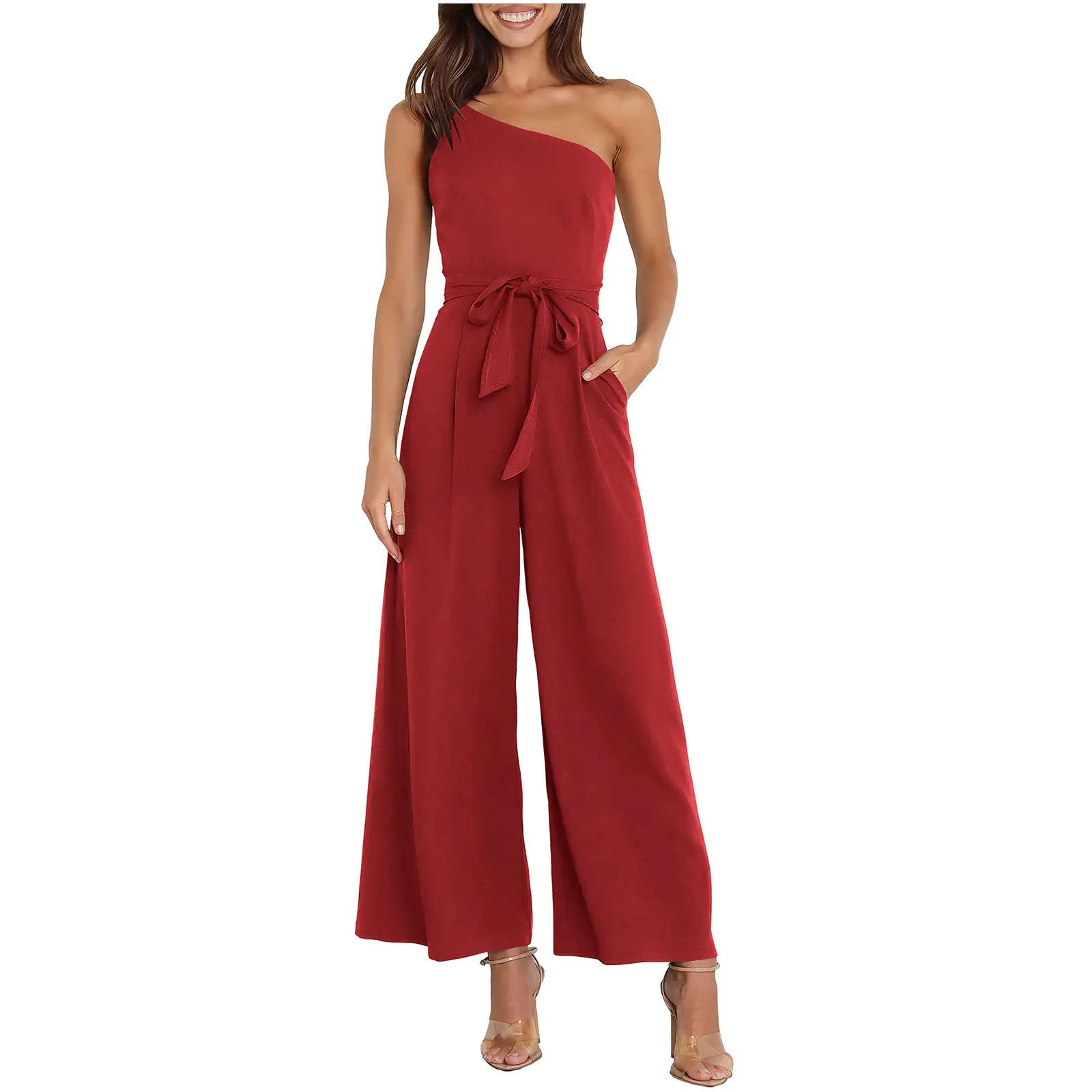 Women's Solid Color Slant Shoulder Jumpsuit for Commuting