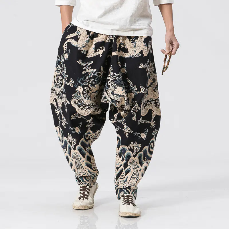 Chinese Style Men's Dragon Print Loose Trousers