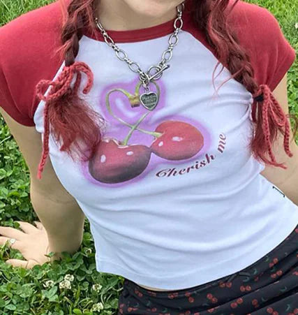 Street Cherry Print Slim-fit T-shirt with Rotator Sleeve