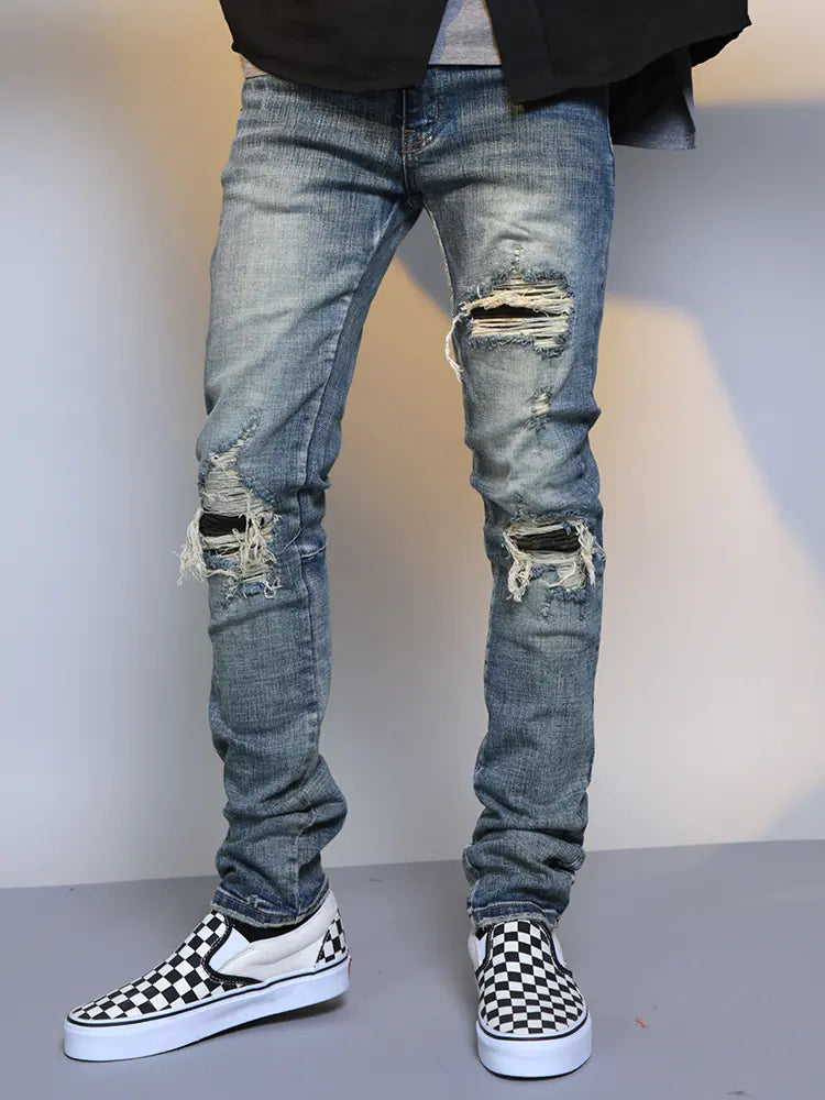 Men's Ripped Washed Blue Denim Jeans