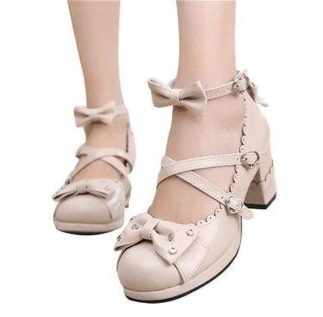 Cute Bowknot Cross Strap Chunky Heels for Students