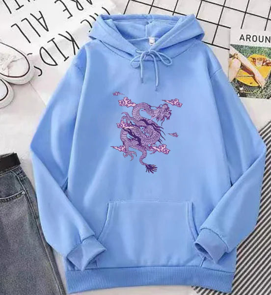 Candy Color Hooded Sweatshirt with Dragon Cloud Print