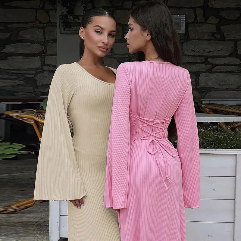 Fashion U-neck Lace-up Long Sleeve Dress for Women