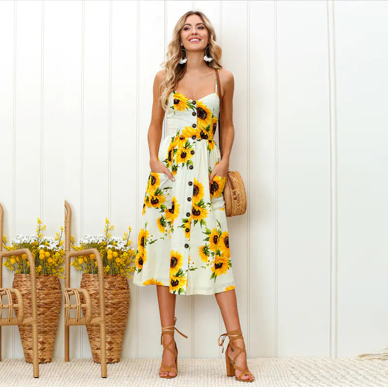 Sunflower Pineapple Print Backless Dress for Women