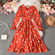 Pleated Long Dress with Tie Belt and Love Design