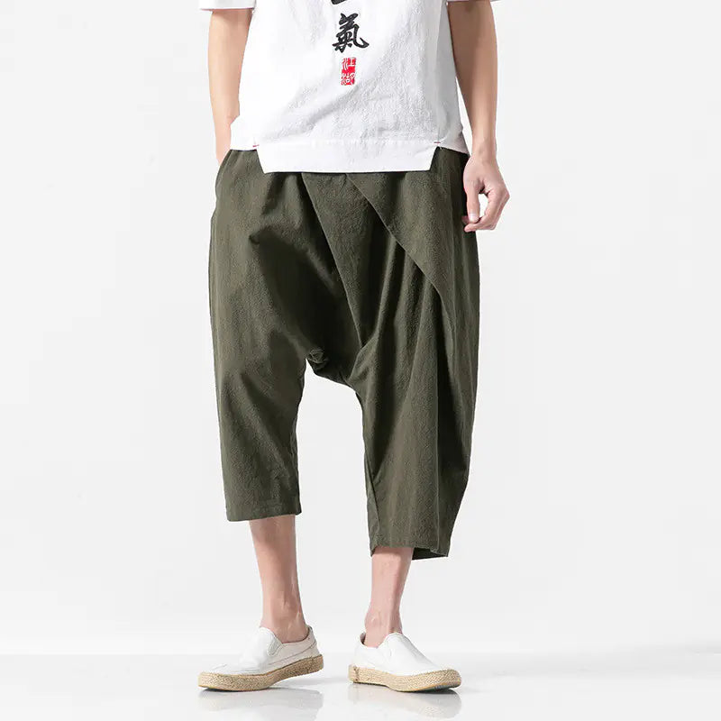 Men's Solid Color Retro Cotton Linen Casual Cropped Pants