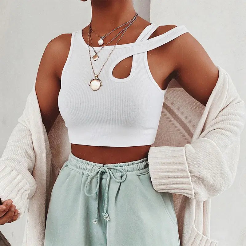 Asymmetrical Ribbed Tank Top with Hollow-Out Design