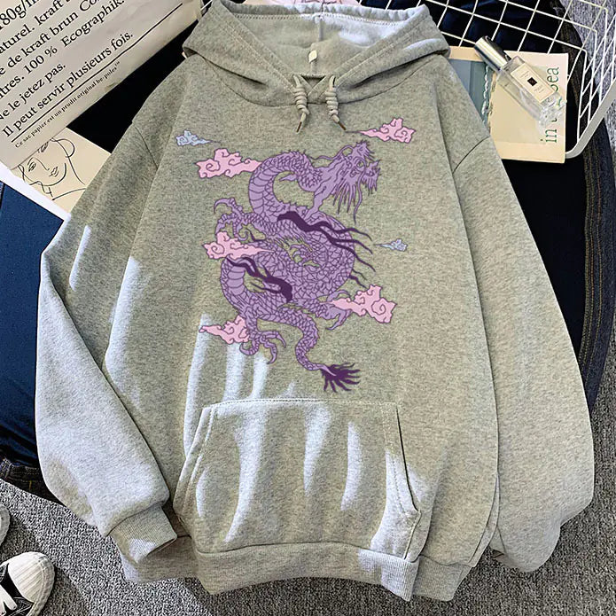 Candy Color Hooded Sweatshirt with Dragon Cloud Print
