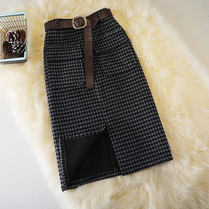 High Waist Slim Plaid Wool Skirt